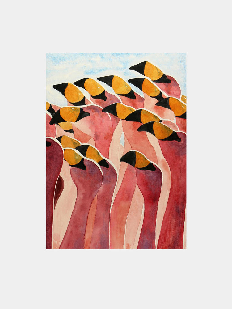 Group of Pink Flamingos With Heads Up Art Print
