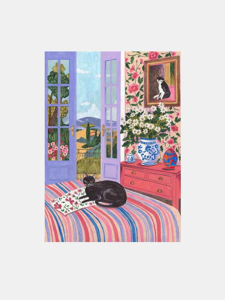 Black Cat on Bed French Doors Garden View