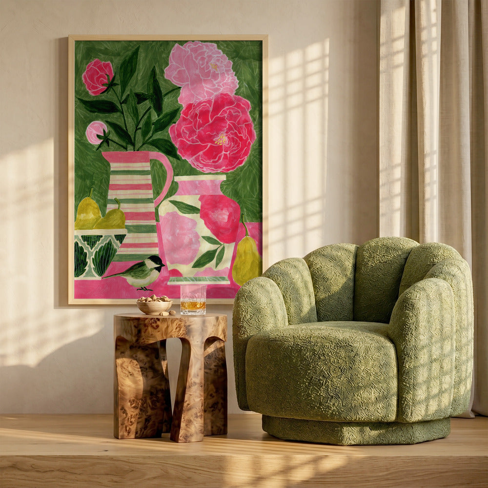 Vibrant Peonies And Bird