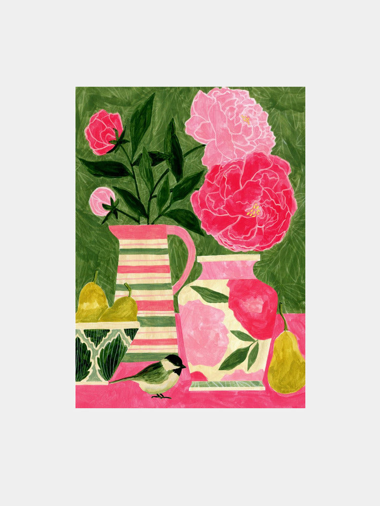 Vibrant Peonies And Bird