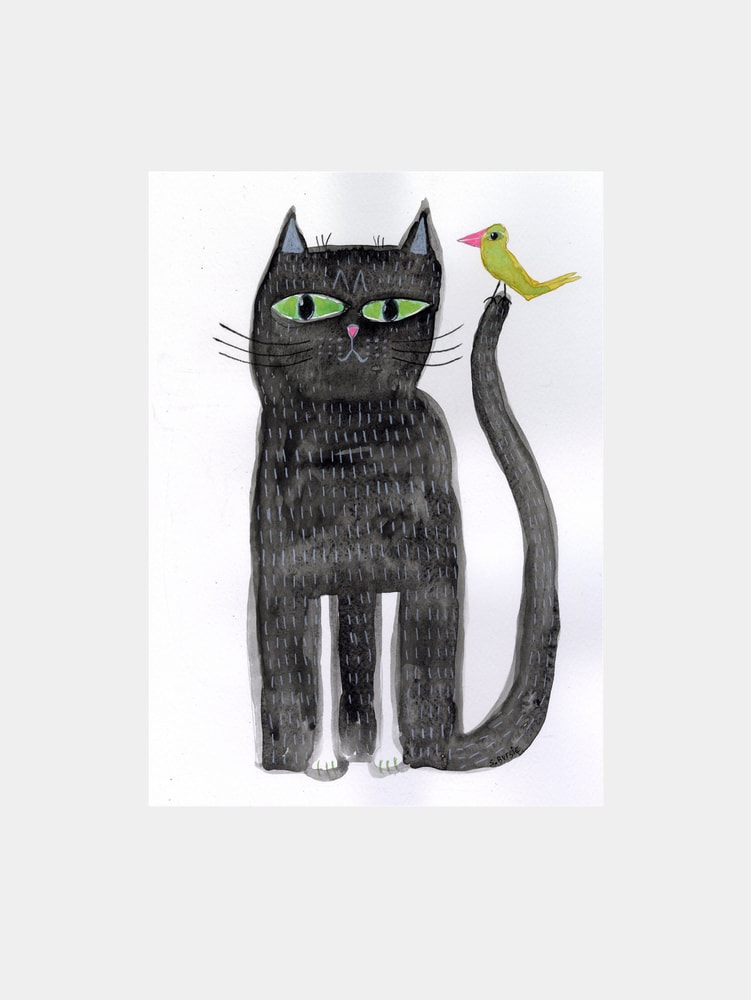 Whimsical Black Cat And Bird