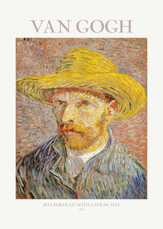 Van Gogh "Self Portrait With Straw Hat with text" Art Print