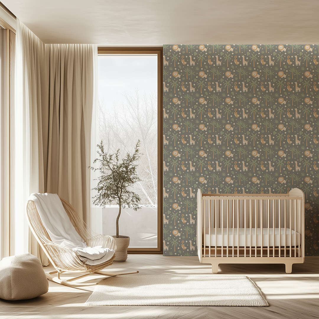 Baby Safari African Wallpaper Dark Grey