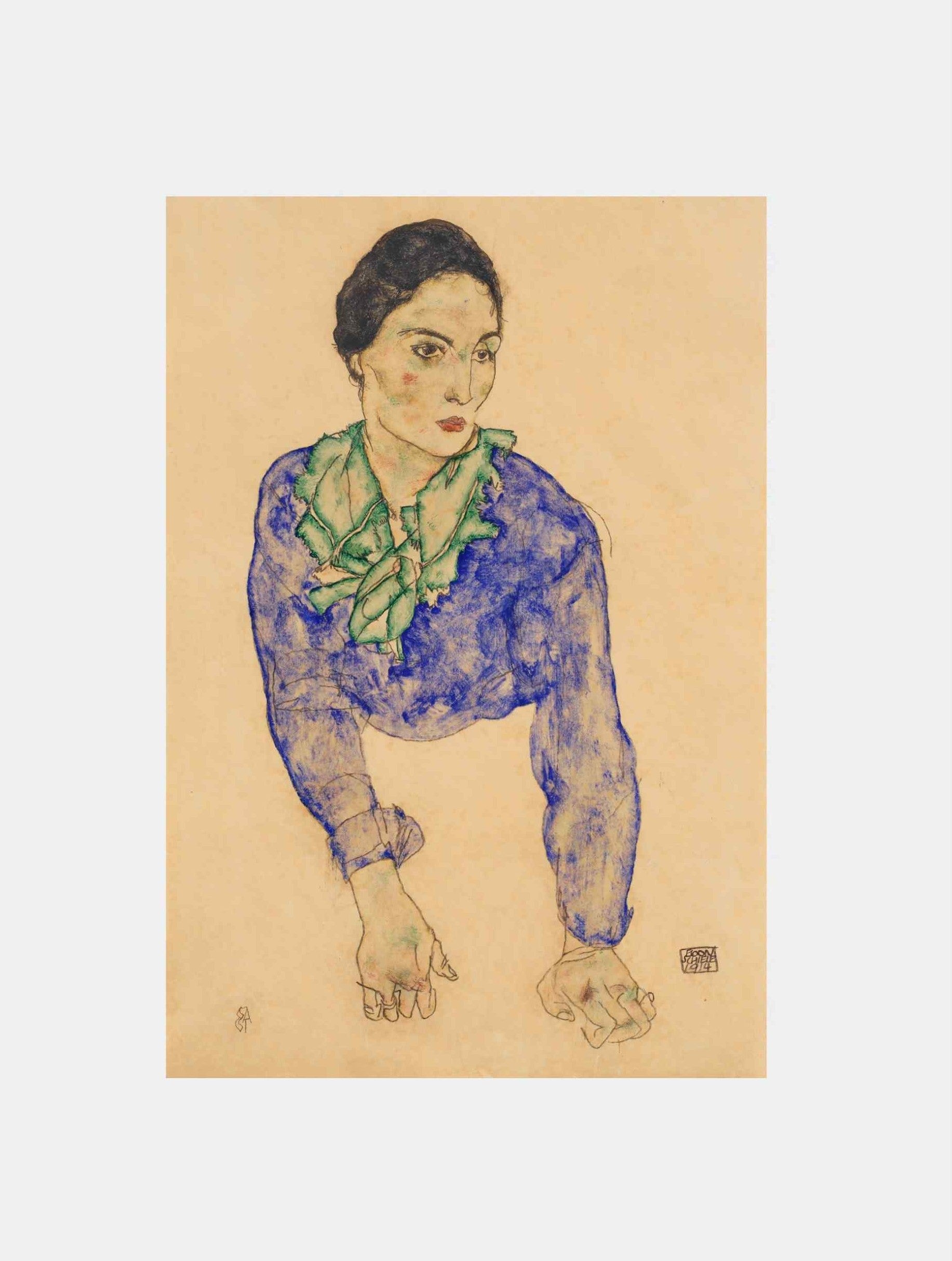 Egon Schiele "Frauenbildnis mit Blauem und Grünem Halstuch (Portrait of a Woman with Blue and Green Scarf) (1914)"