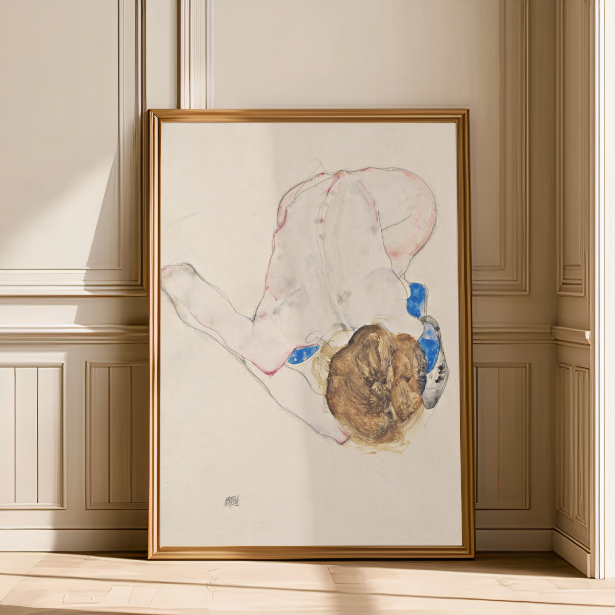 Egon Schiele " Nude with Blue Stockings, Bending Forward (1912)" Art Print