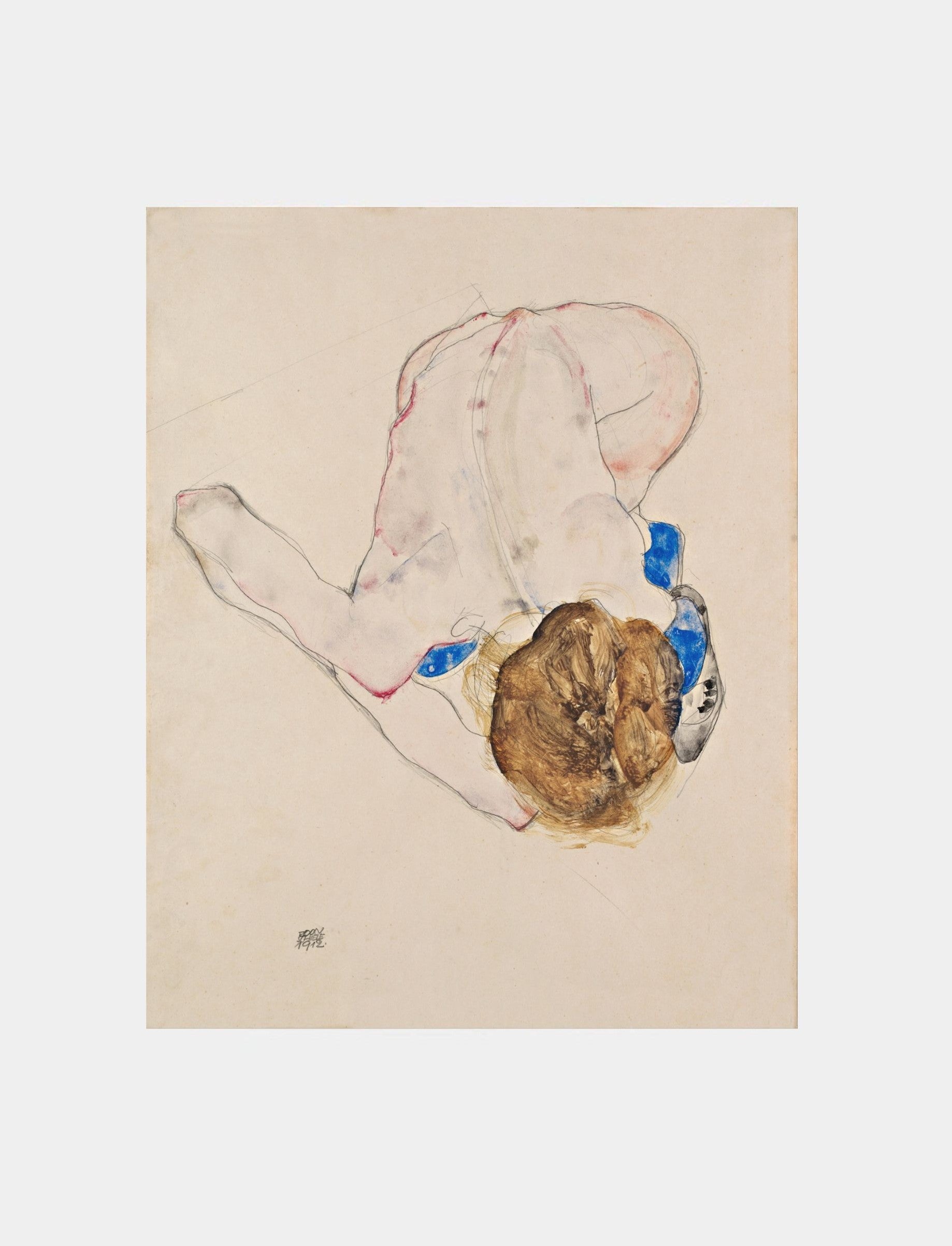 Egon Schiele " Nude with Blue Stockings, Bending Forward (1912)" Art Print