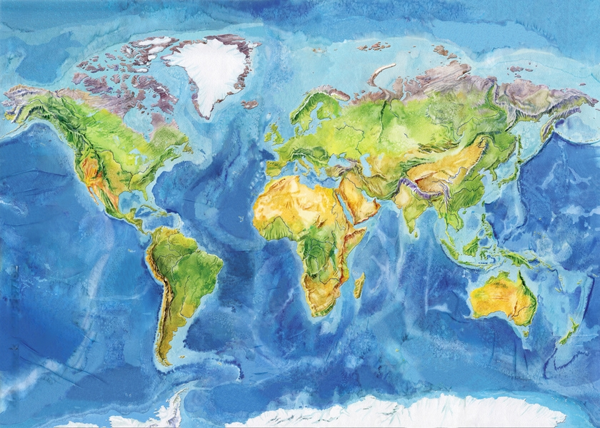 Watercolor geographical map of the world