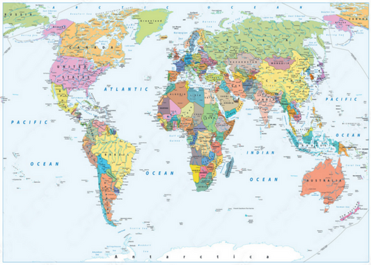 Political World Map – borders, countries and cities