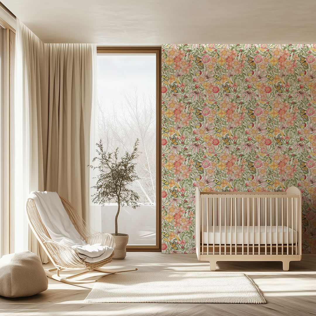 Jill's Summer Flora Pink Flowers with Butterfly Wallpaper
