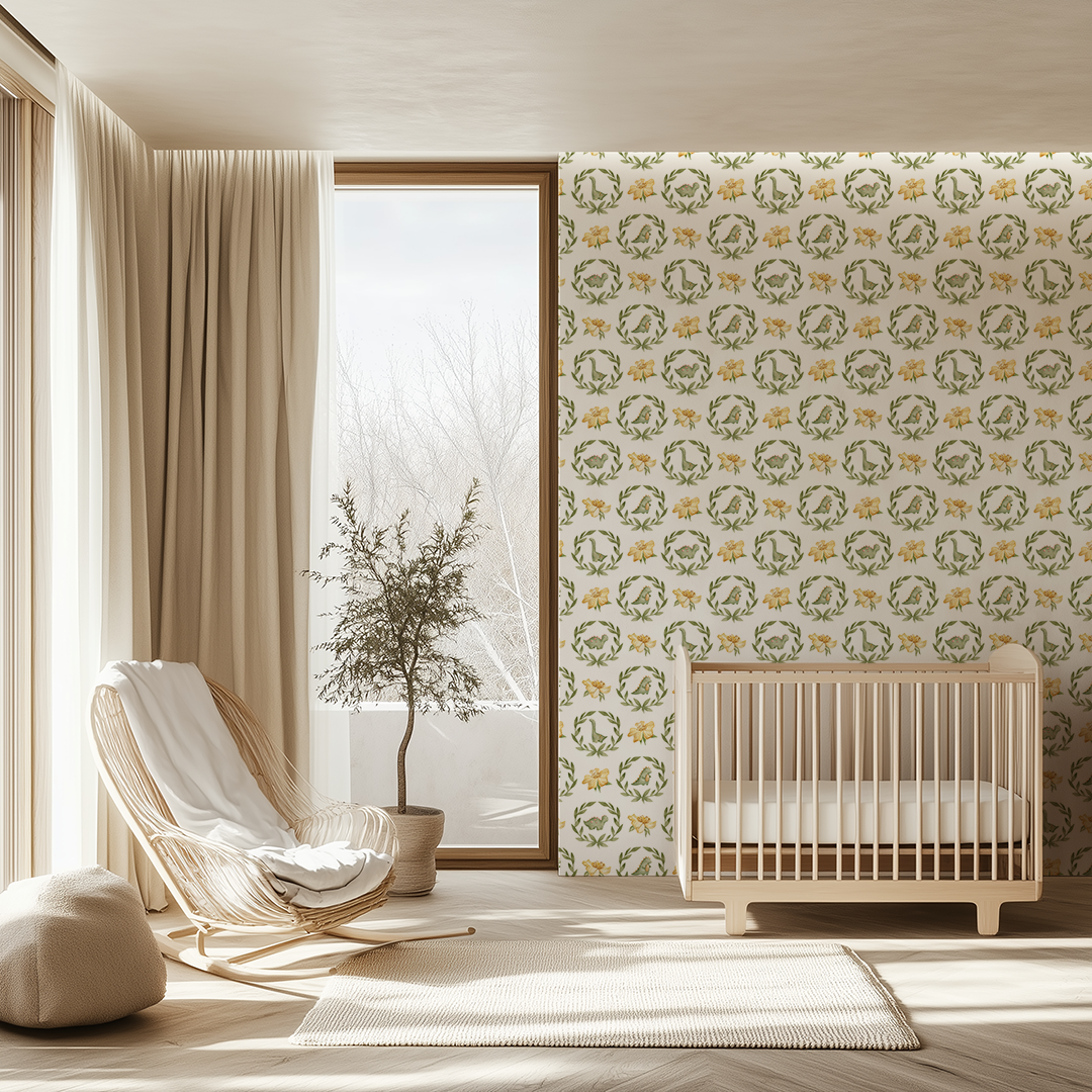 Baby Dinasour and Yellow Flowers Wallpaper