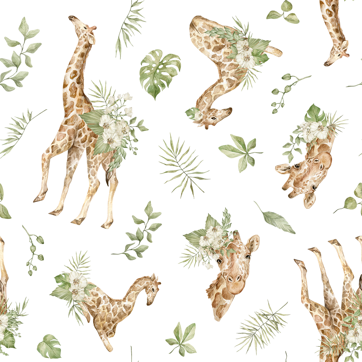 Baby Giraffes with Tropical Leaves Wallpaper