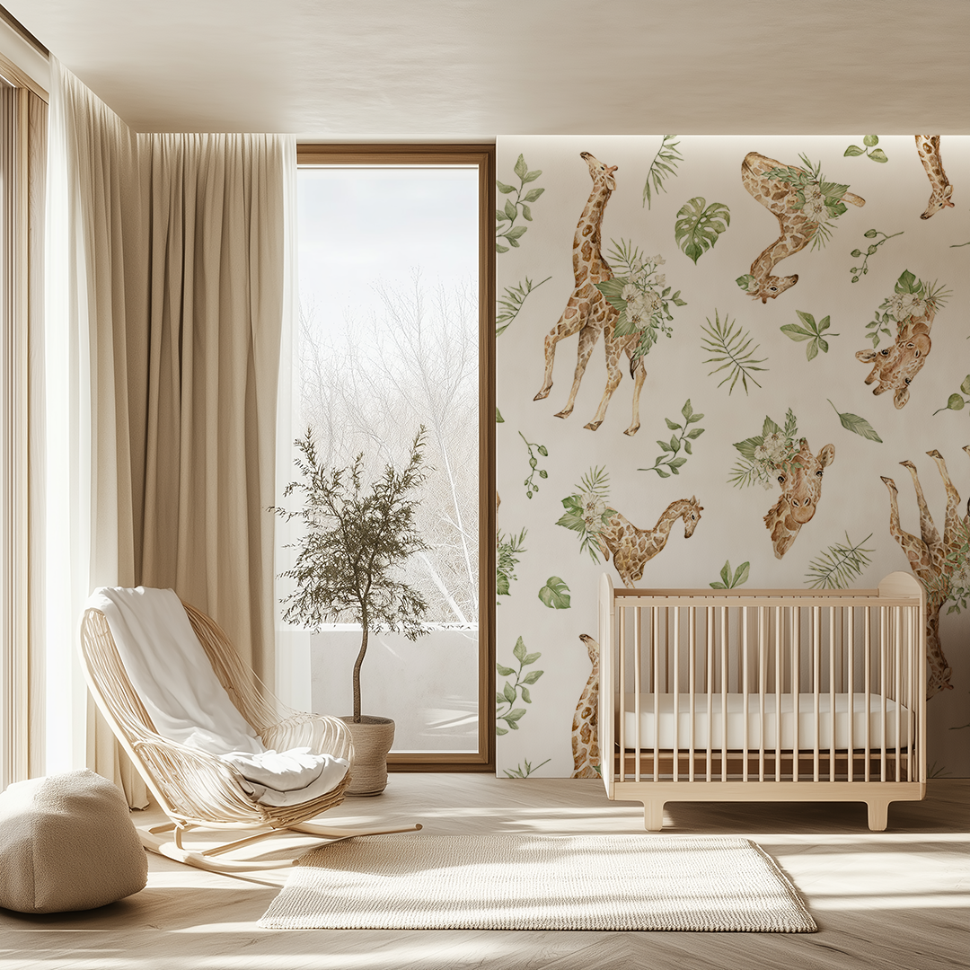 Baby Giraffes with Tropical Leaves Wallpaper