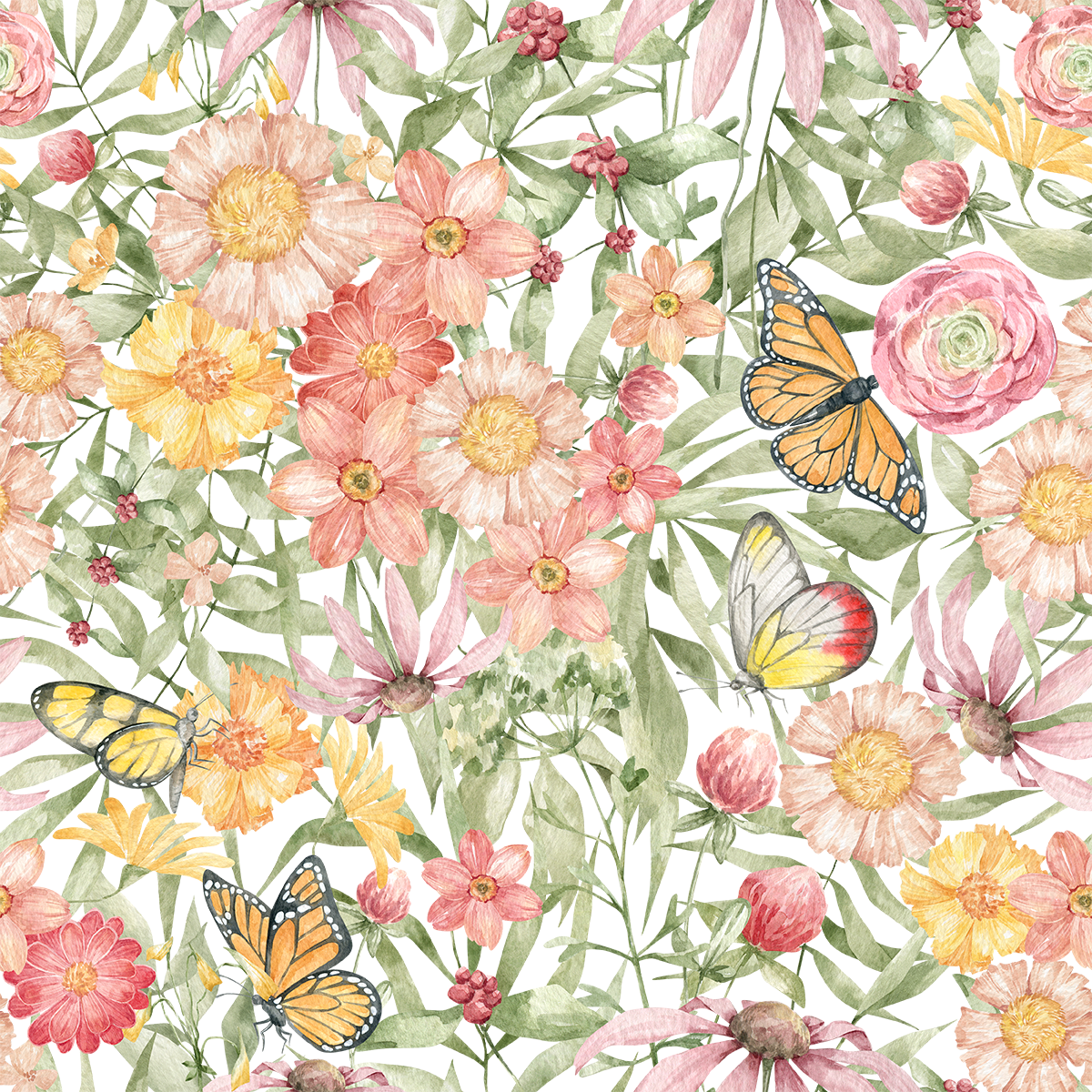 Jill's Summer Flora Pink Flowers with Butterfly Wallpaper
