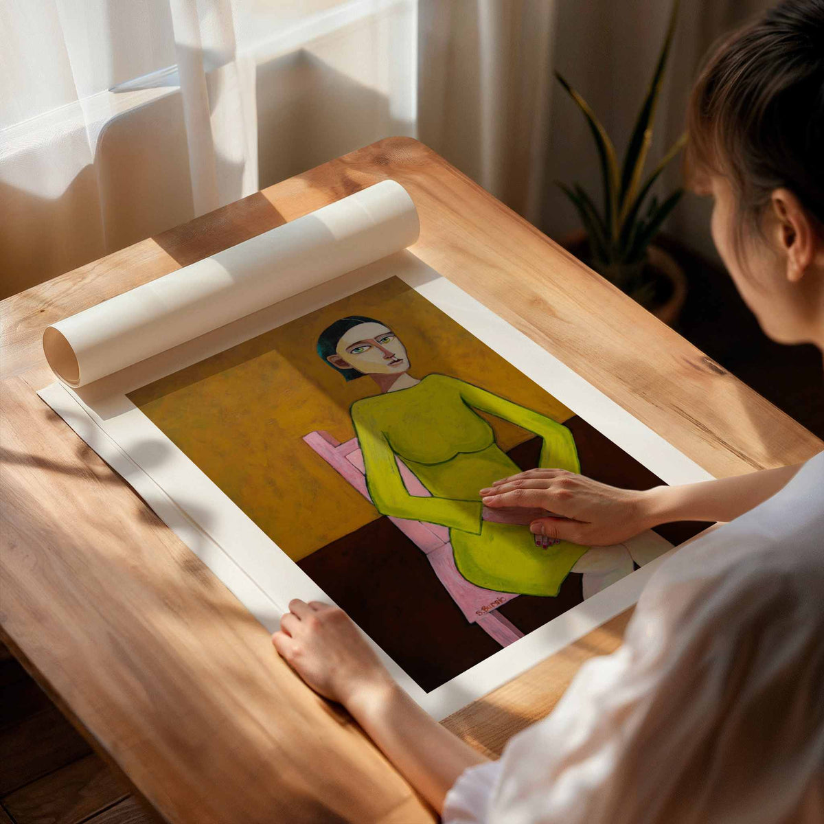 Pensive Woman Green Dress